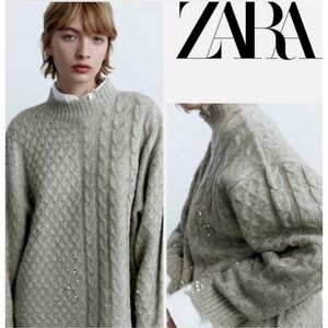 Zara Cable Knit Sweater Gray Rhinestone Distressed Mock Neck Oversized